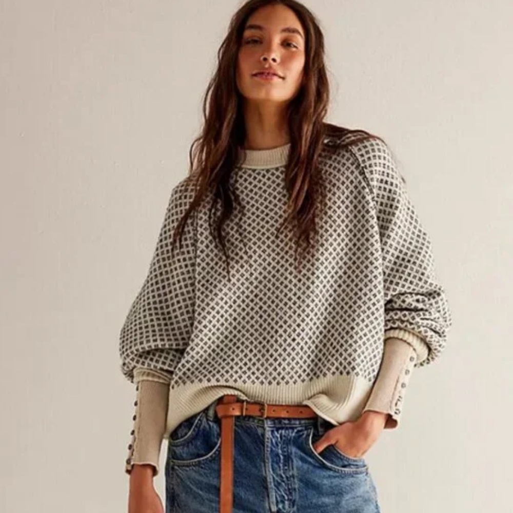 Free People “As if” Pullover Sweater in ivory combo by We the Free NEW Sz L - Picture 11 of 13